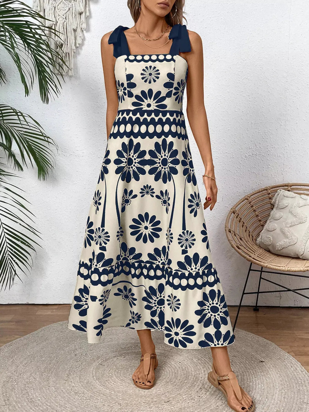 Floral Print Tie-Shoulder Midi Dress by Partner Label