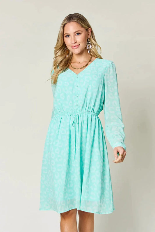 Double Take Full Size Printed Ruched V-Neck Long Sleeve Dress by Double Take