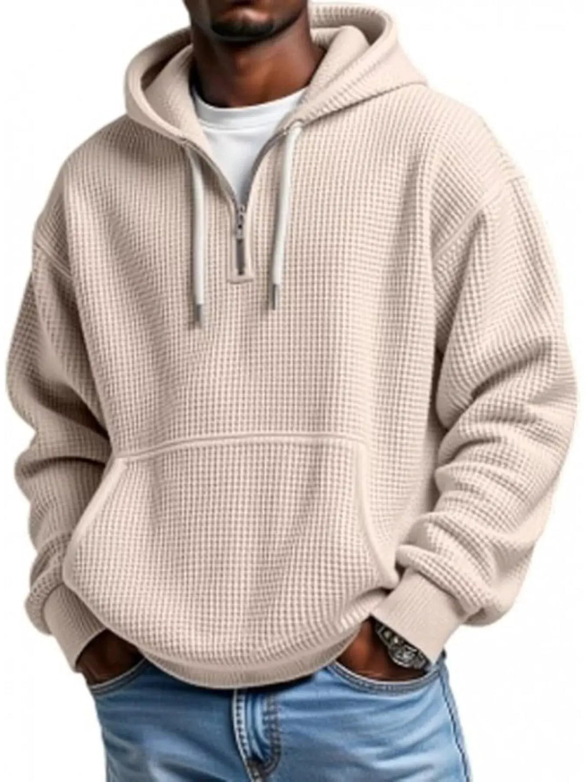 Men's Full Size Waffle Knit Quarter Zip Hoodie Plus Size by Trendsi
