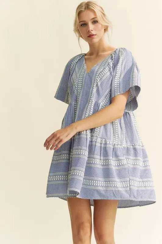 Davi & Dani Embroidered Stripe Ruffled Gingham Mini Dress by Davi & Dani