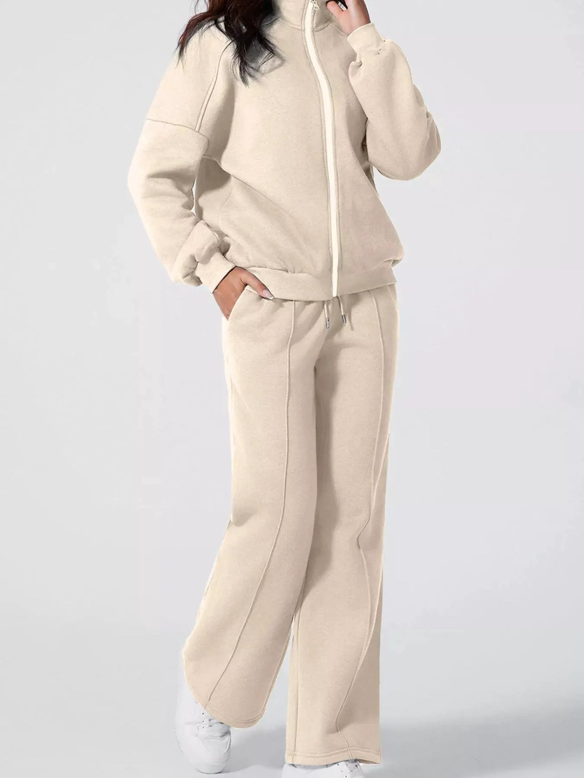 Drop Shoulder Zip Up Jacket and Drawstring Pants Active 2pcs Set by Partner Label