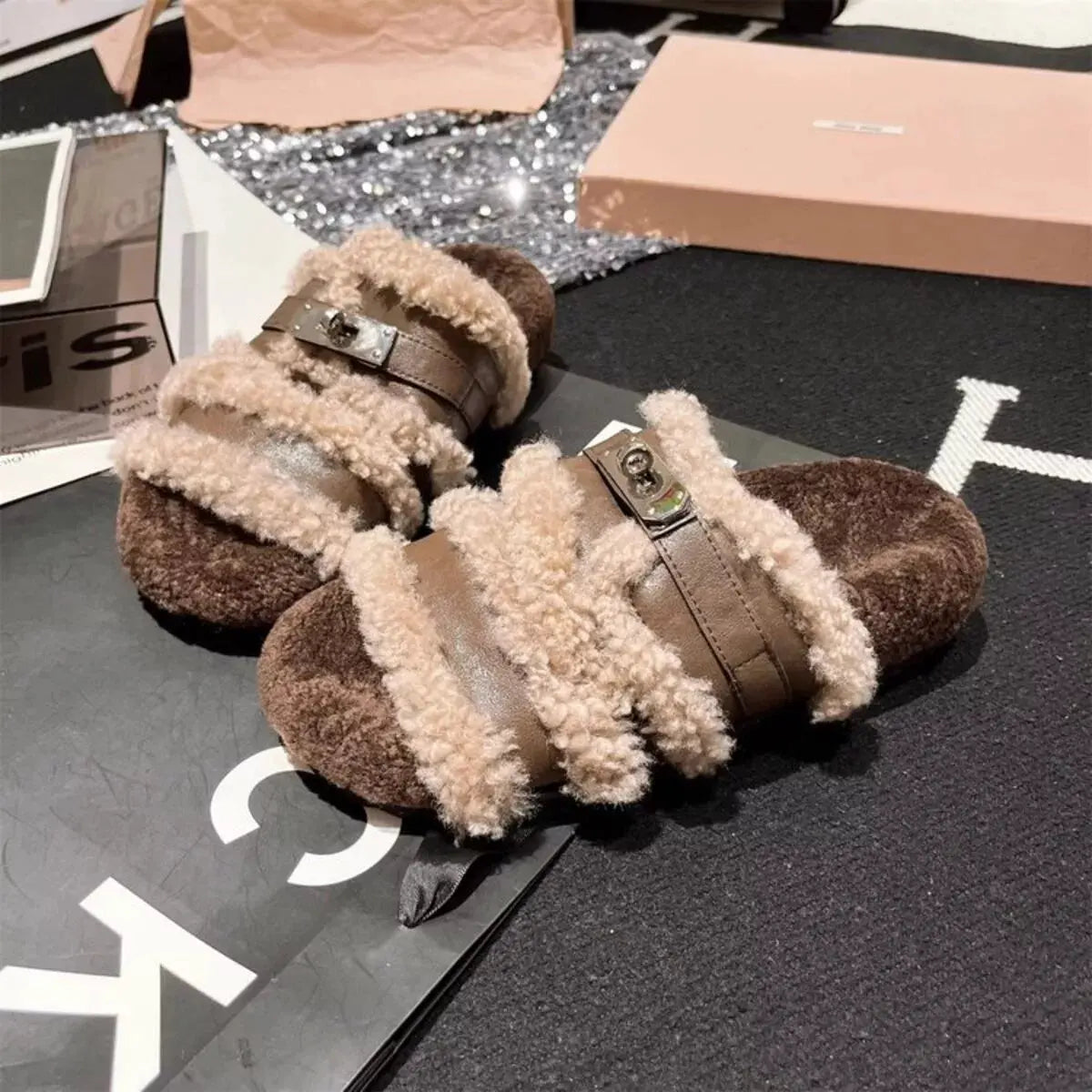 Fuzzy Buckle Accent Plush Slippers by Partnel Label