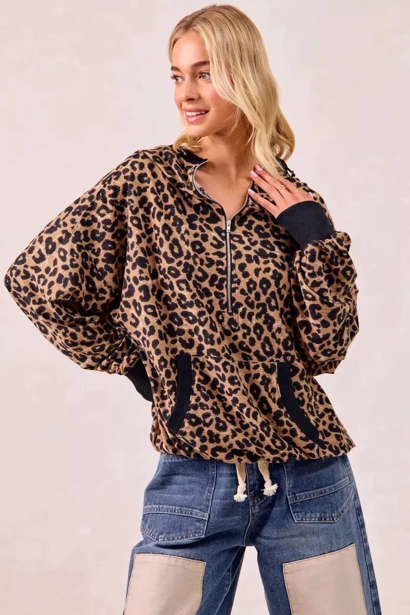 BiBi Leopard Print Waffle Half Zip Up Hoodie W Pocket by BiBi