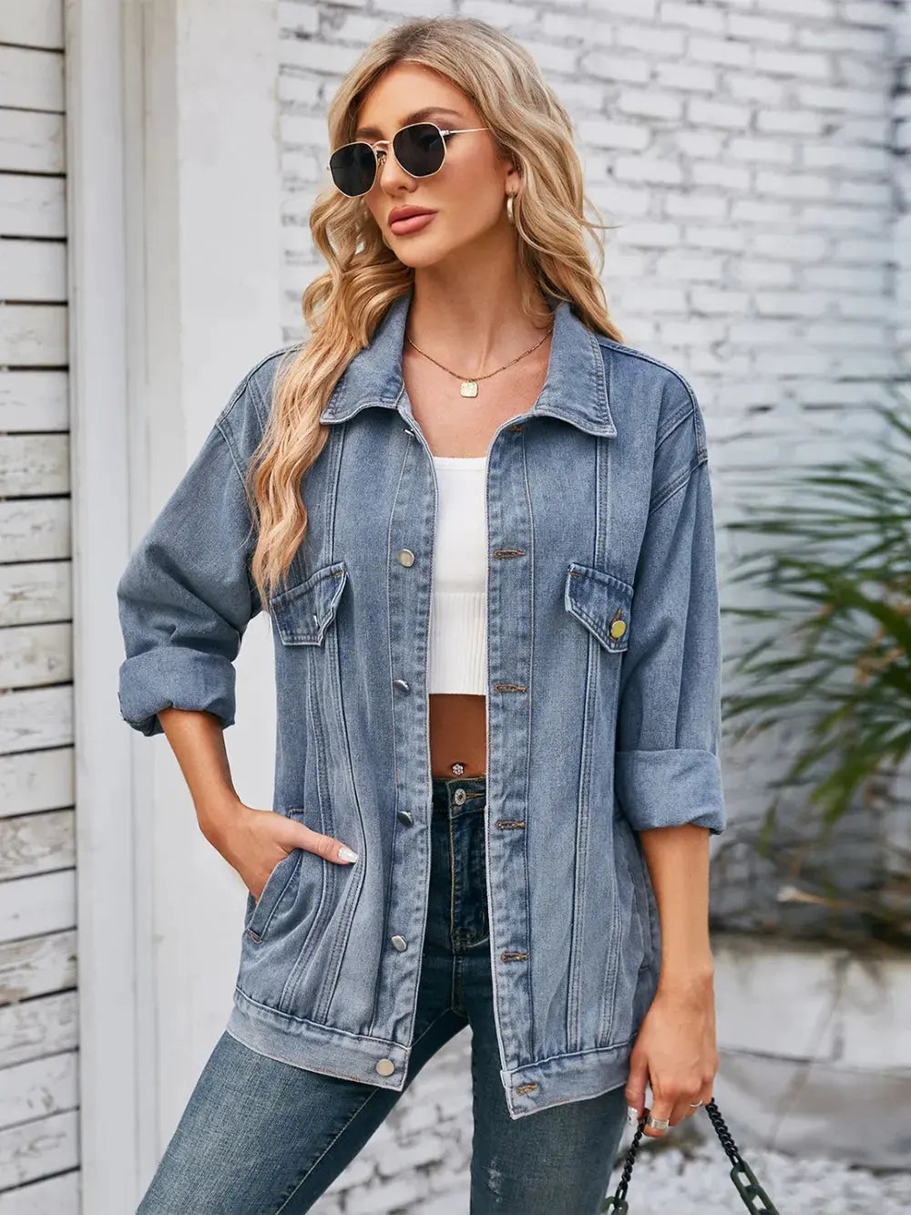 Button Up Long Sleeve Denim Jacket by Partner Label