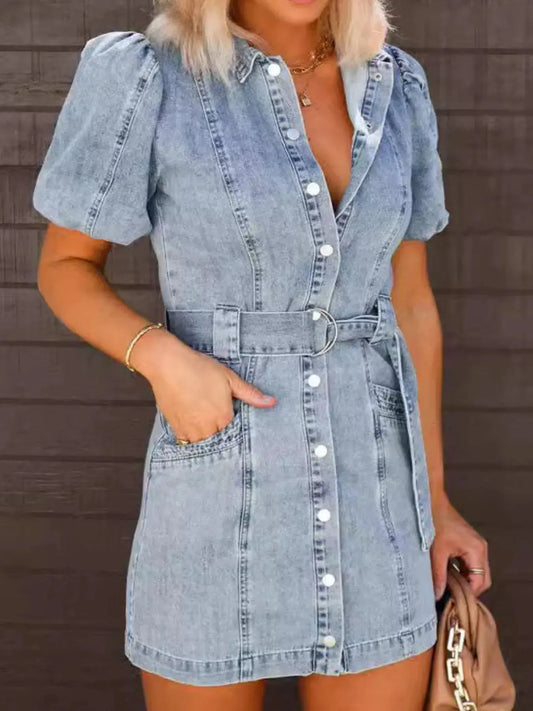 Button-Up Puff Sleeve Denim Shirt Dress by Partner Label