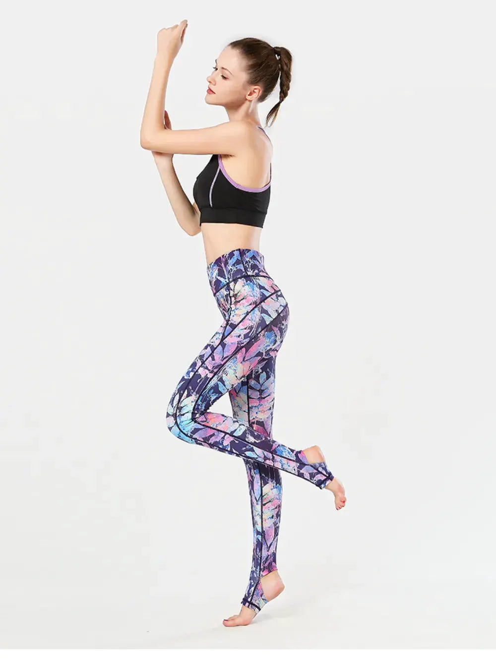 Printed Wide Waistband Active Leggings with Stirrups by Partner Label