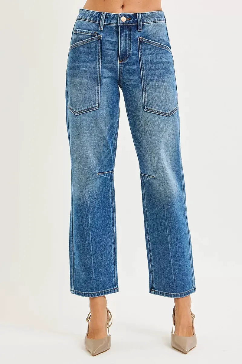 RISEN 4 Way Stretch Mid Rise Barrel Jeans with Patch Pocket Detail by RISEN