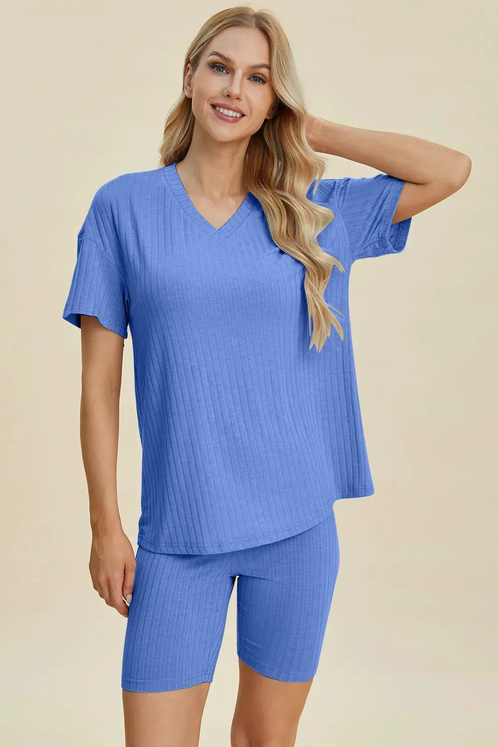 Basic Bae Full Size Ribbed V-Neck Short Sleeve Top and Shorts Set by Basic Bae