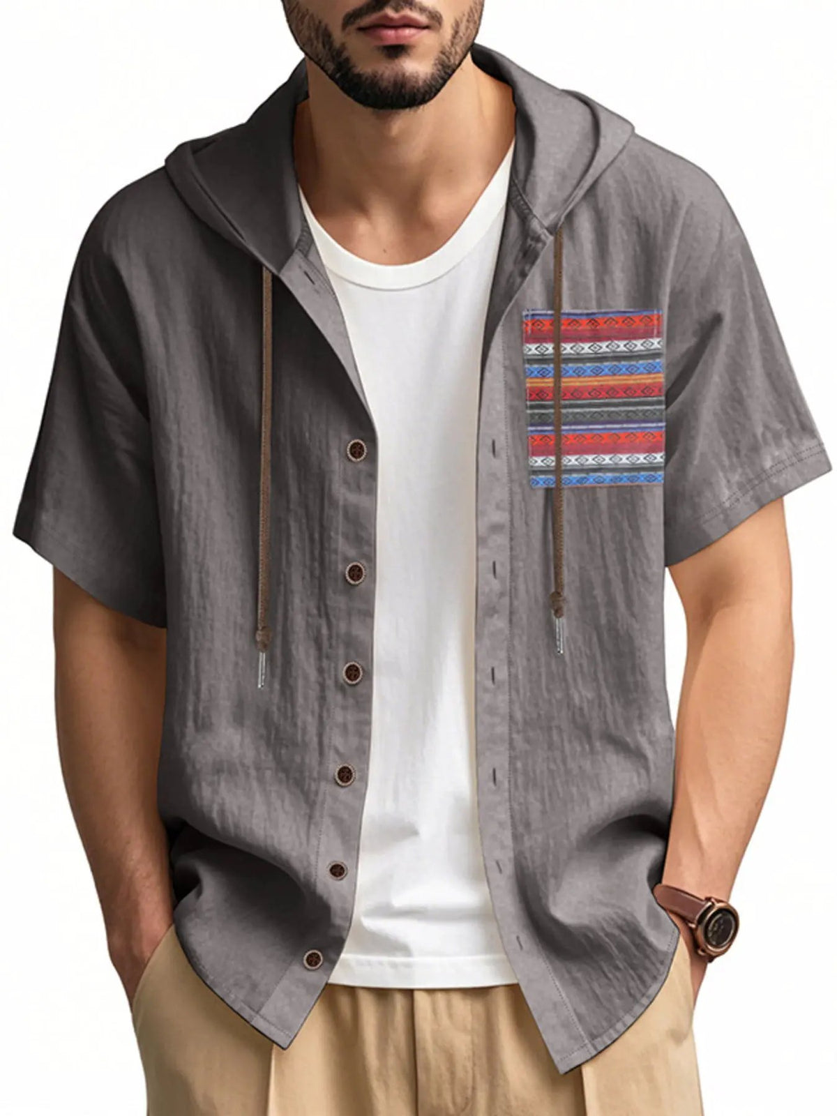 Men's Full Size Casual Hooded Short Sleeve Shirt Plus Size by Trendsi