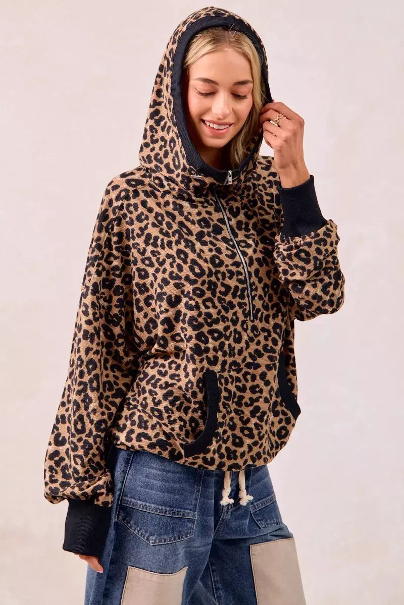 BiBi Leopard Print Waffle Half Zip Up Hoodie W Pocket by BiBi