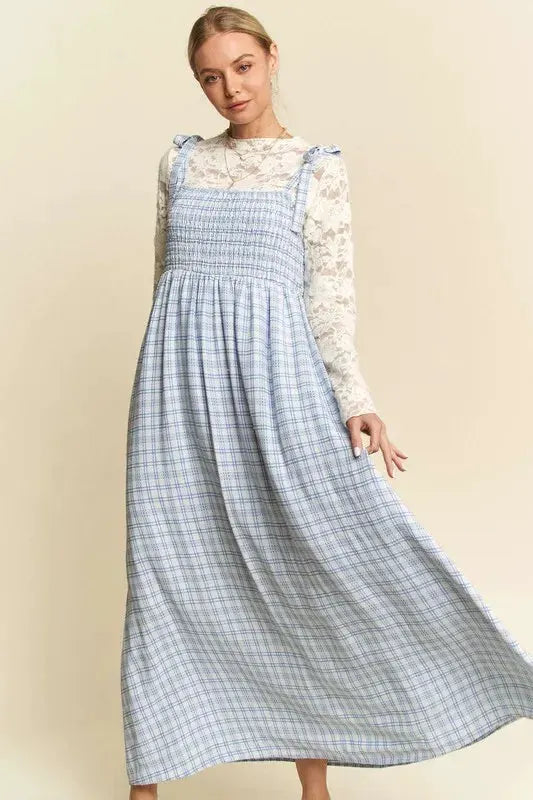 Davi & Dani Plaid Smocking Sleeveless Maxi Dress by Davi & Dani