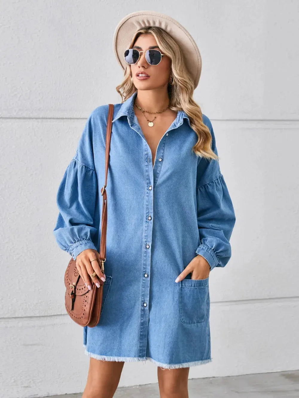Button Up Pocketed Raw Hem Denim Dress by Partner Label