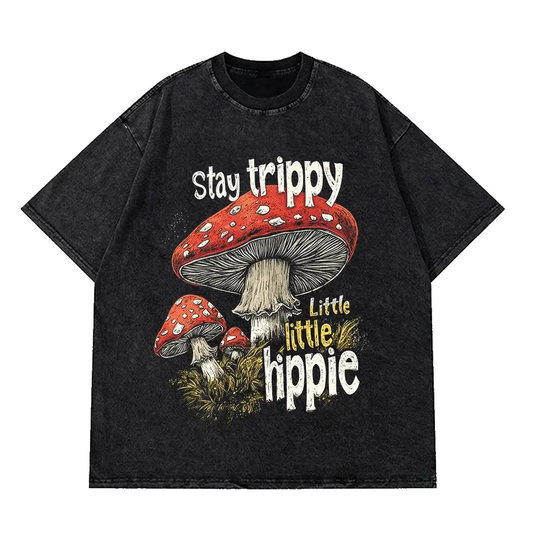 Vintage Mushroom Print Washed Cotton T-Shirt Women Hippie Streetwear by Vimost Shop