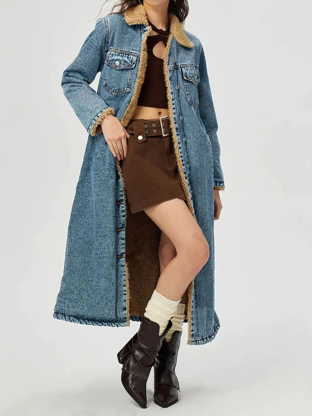 Pocketed Button Up Denim Jacket with Fur Lining by Partner Label