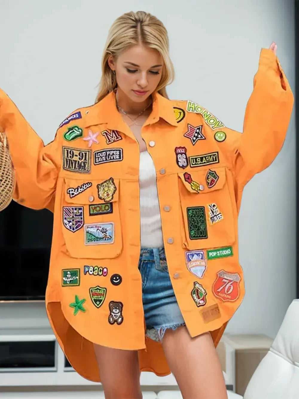 Embroidered Patch Button Up Long Sleeve Denim Jacket by Partner Label