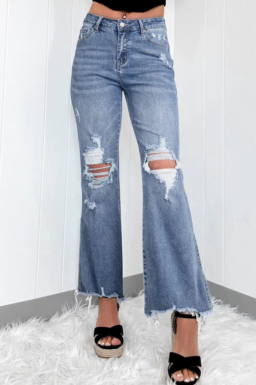 Distressed Raw Hem Bootcut Jeans by Partner Label
