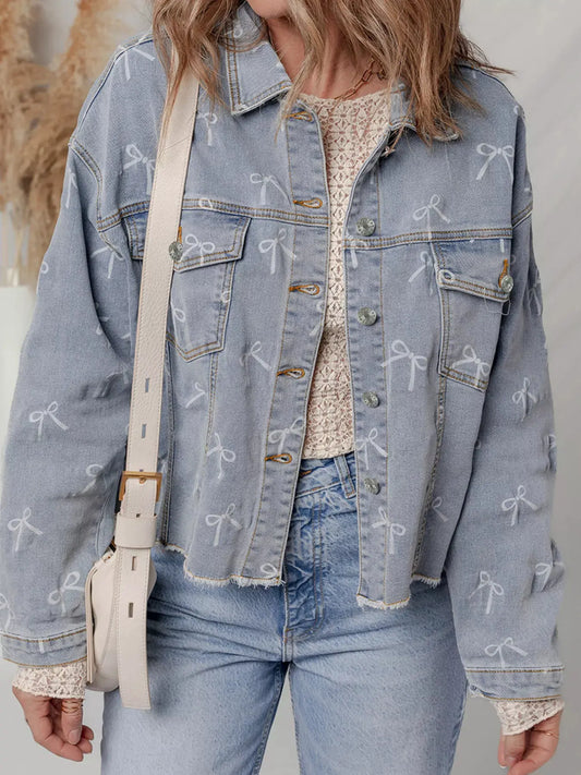 Bow Knot Print Light Wash Raw Hem Denim Jacket by Partner Label
