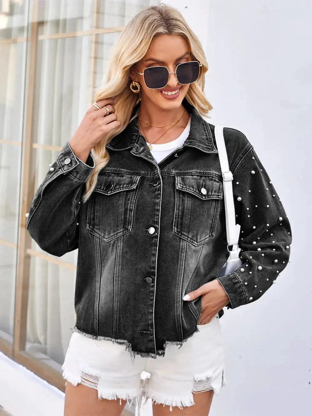 Pearl Trim Raw Hem Denim Jacket by Partner Label