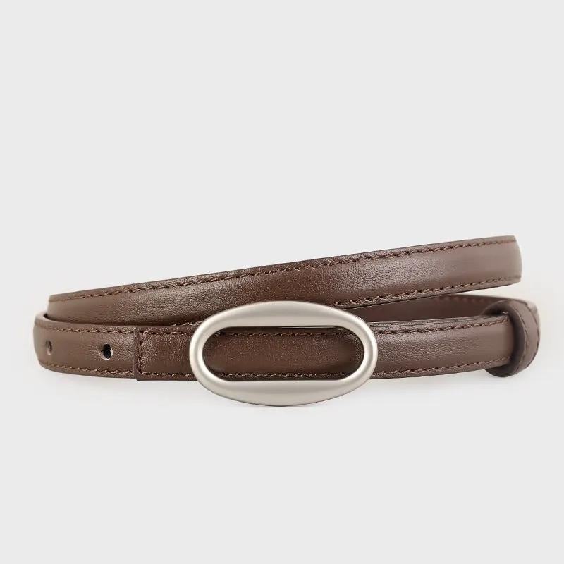 Oval Buckle Skinny Leather Belt by Trendsi