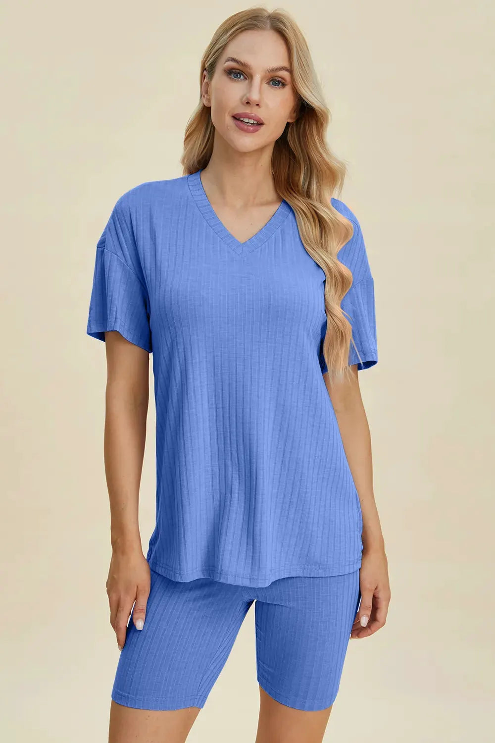 Basic Bae Full Size Ribbed V-Neck Short Sleeve Top and Shorts Set by Basic Bae