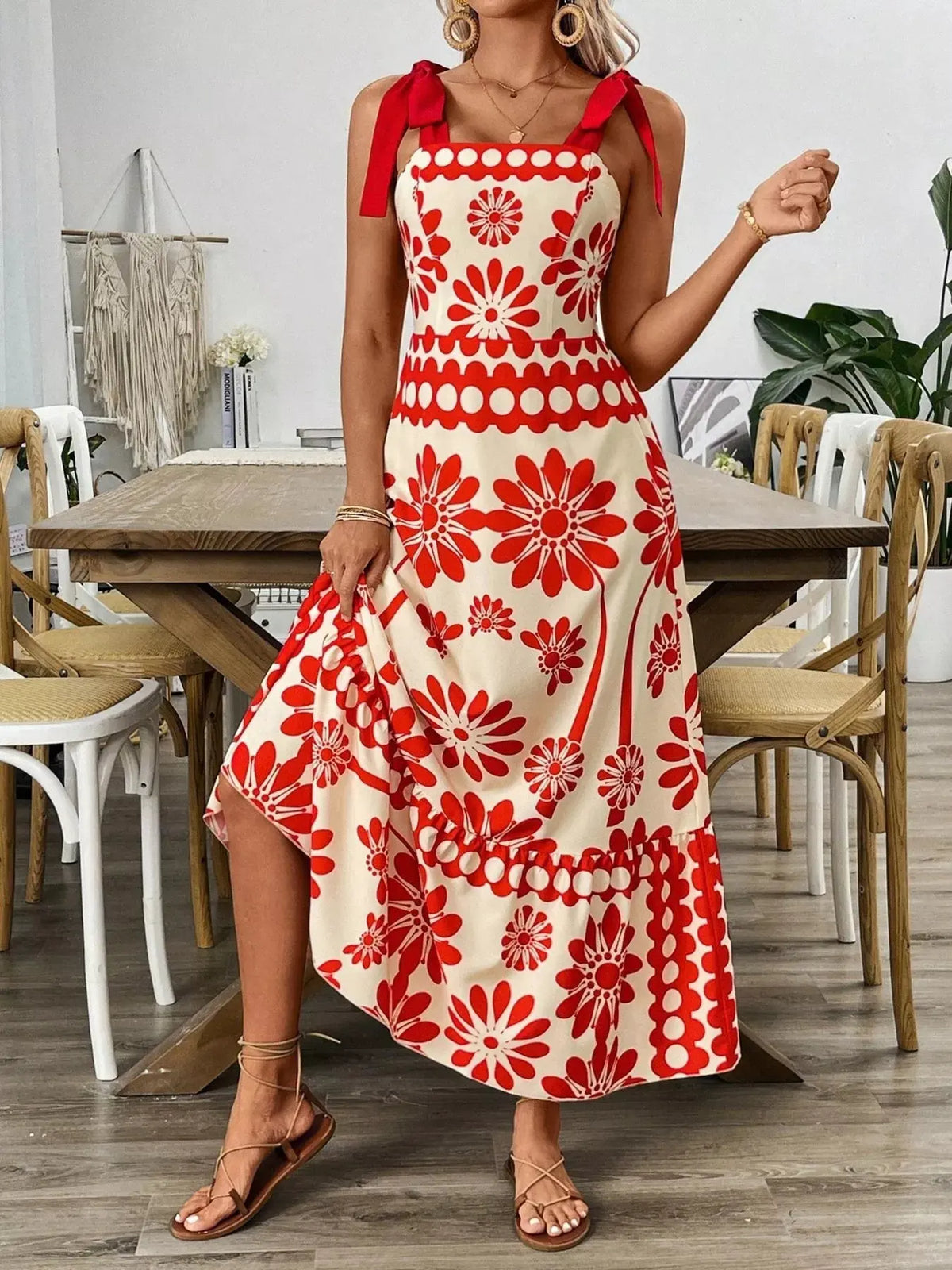 Floral Print Tie-Shoulder Midi Dress by Partner Label