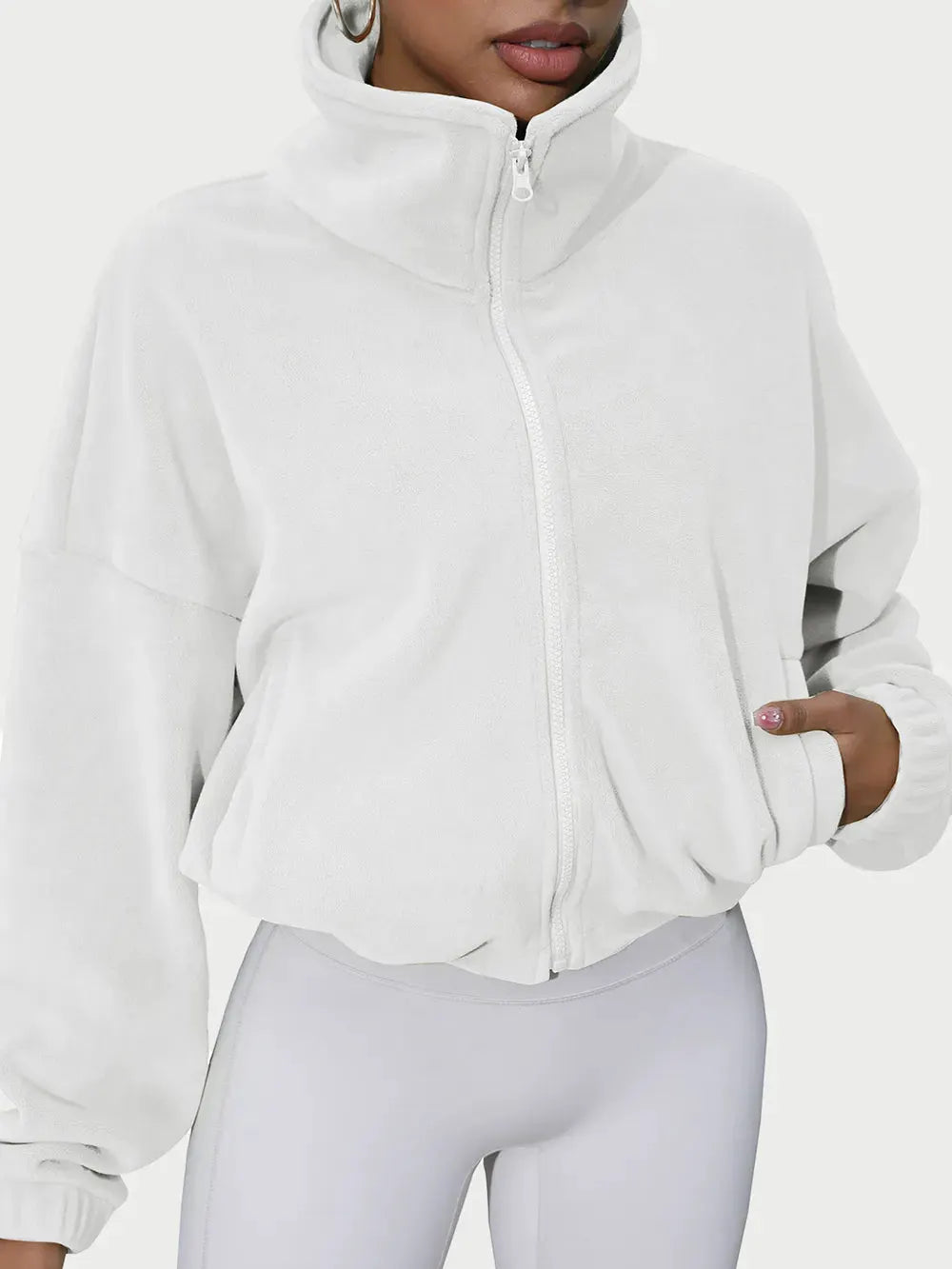 Drawstring Turtleneck Zip Up Long Sleeve Jacket by Partner Label