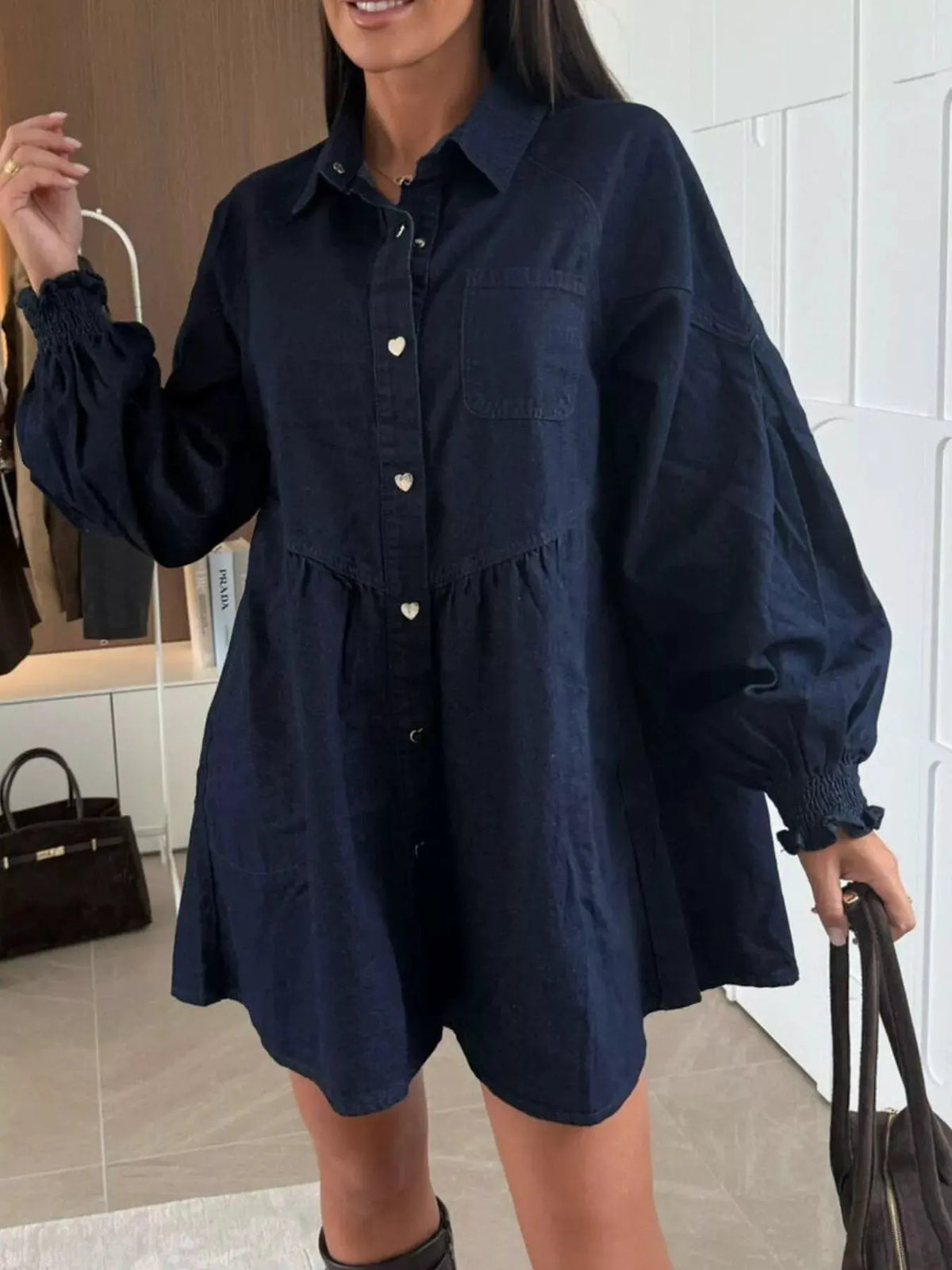 Button Down Mini Denim Dress with Front Pockets by Partner Label