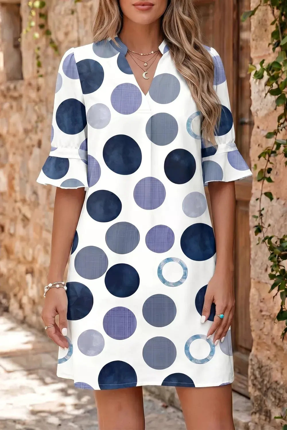 Polka Dot Print Flounced Half Sleeve Casual Vacation Style Mini Dress by Trendsi