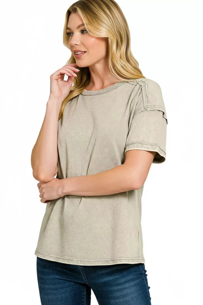Acid Washed Round Neck T‑Shirt by boutique label Zenana | Partner Labels Selection by Zenana