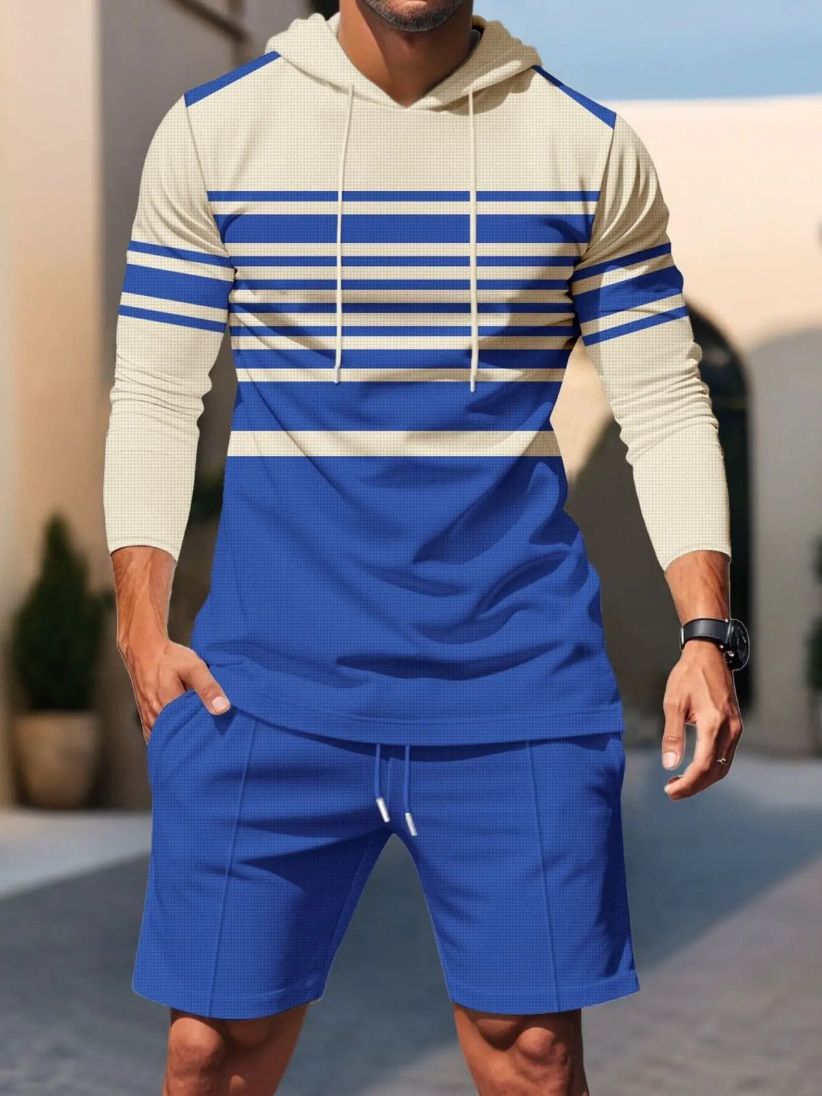 Men's Full Size Striped Hoodie & Shorts Casual Set Plus Size by Partner Label