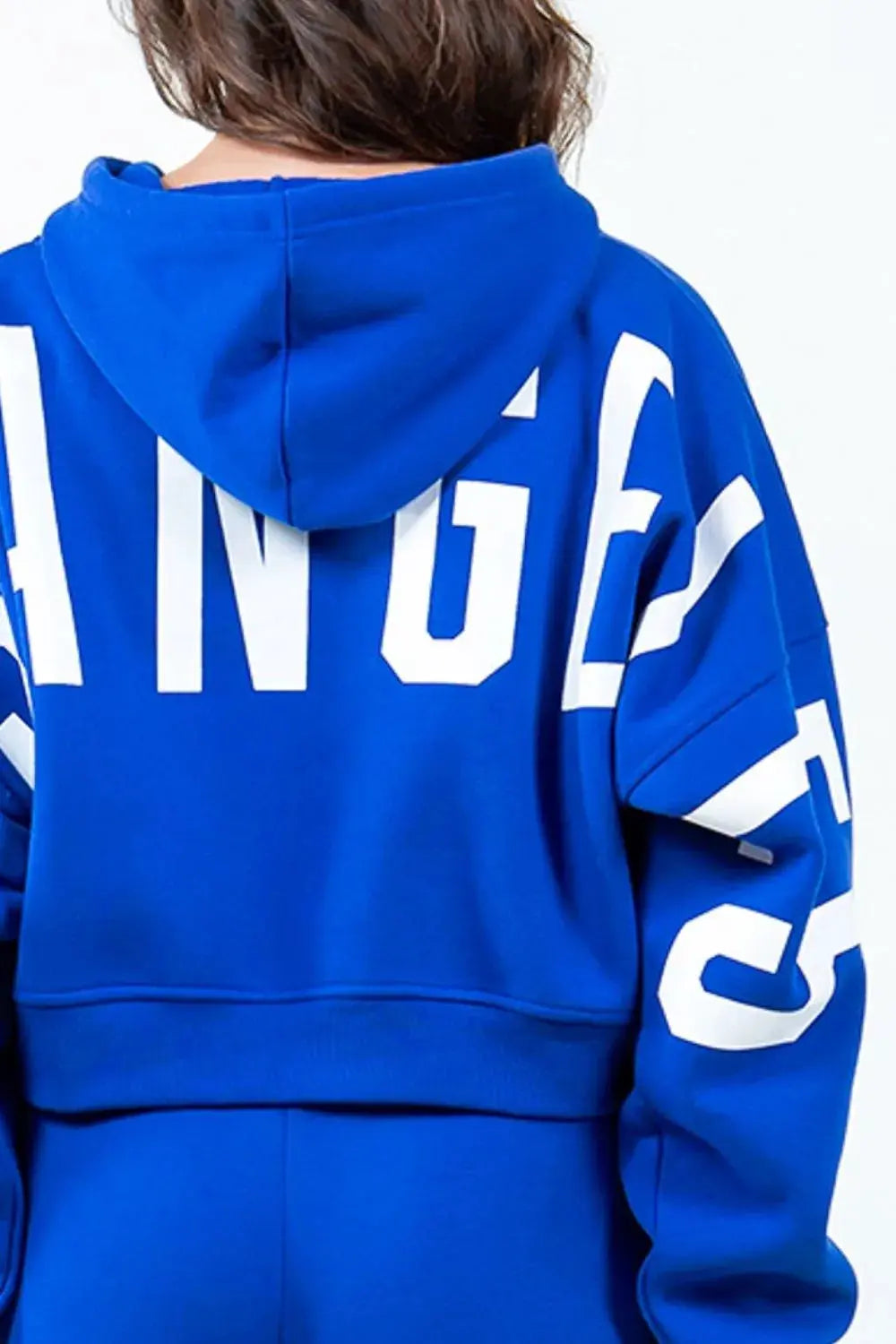 American Bazi Letter Graphic Long Sleeve Drawstring Cropped Hoodie by American Bazi