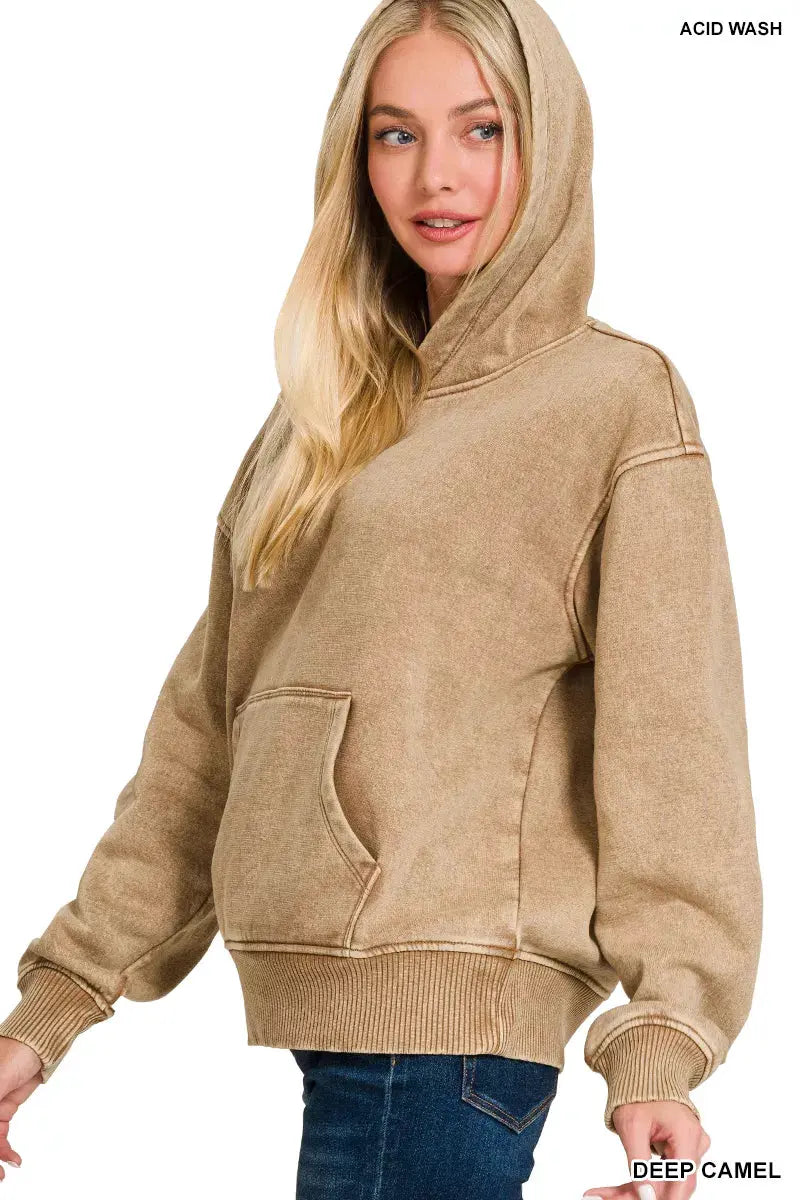 Zenana Fleece Acid Wash Kangaroo Pocket Hoodie by Zenana