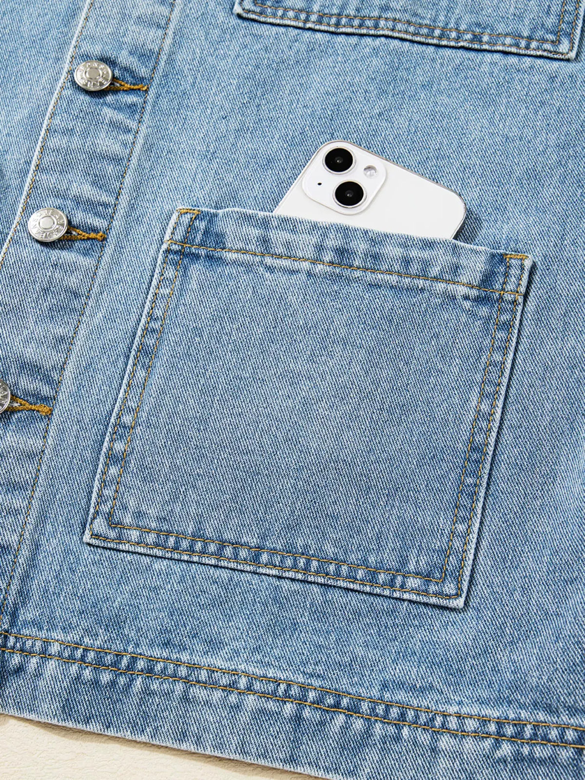 Patched Pockets Side Tie Denim Jacket by Partner Label