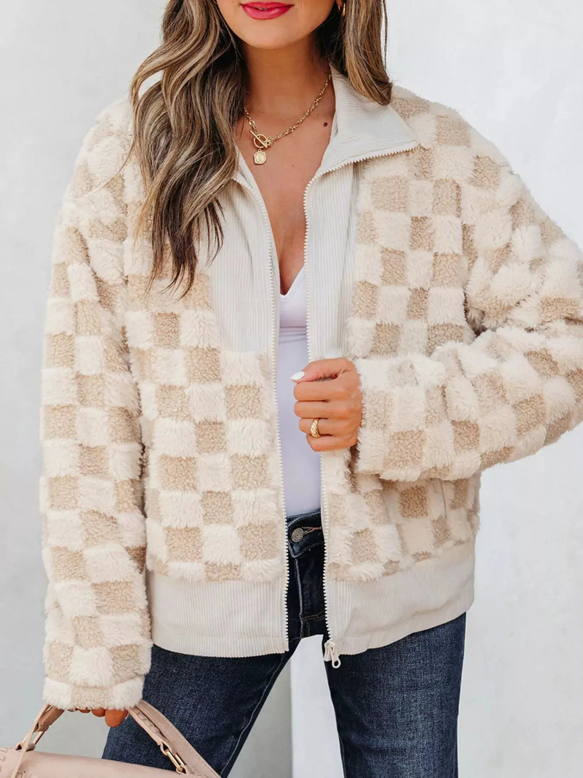 Checker Sherpa Corduroy Patchwork Zip Up Jacket by Partner Label