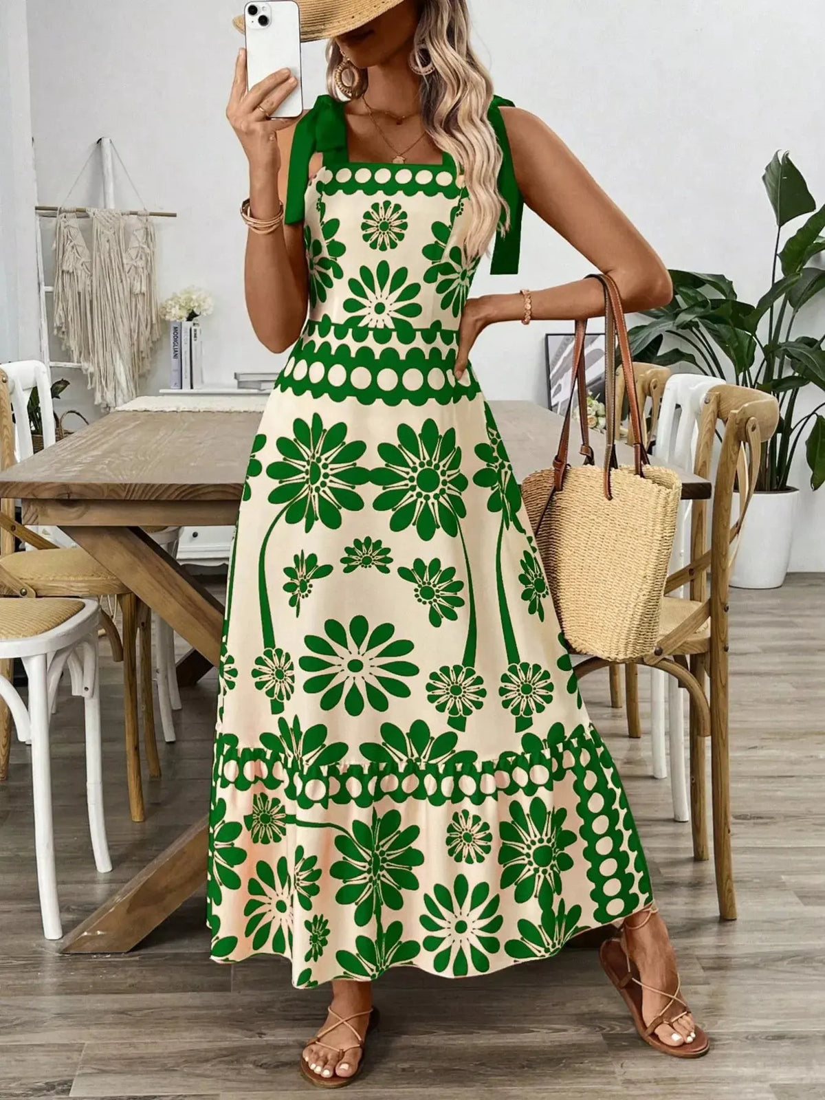 Floral Print Tie-Shoulder Midi Dress by Partner Label