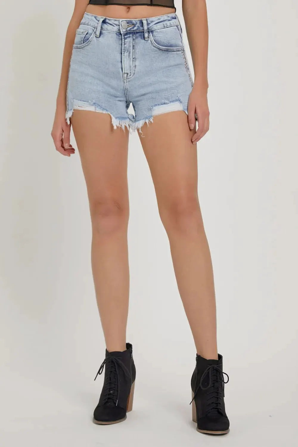 RISEN Full Size High Rise Rhinestone Strap Embellished Denim Shorts by RISEN