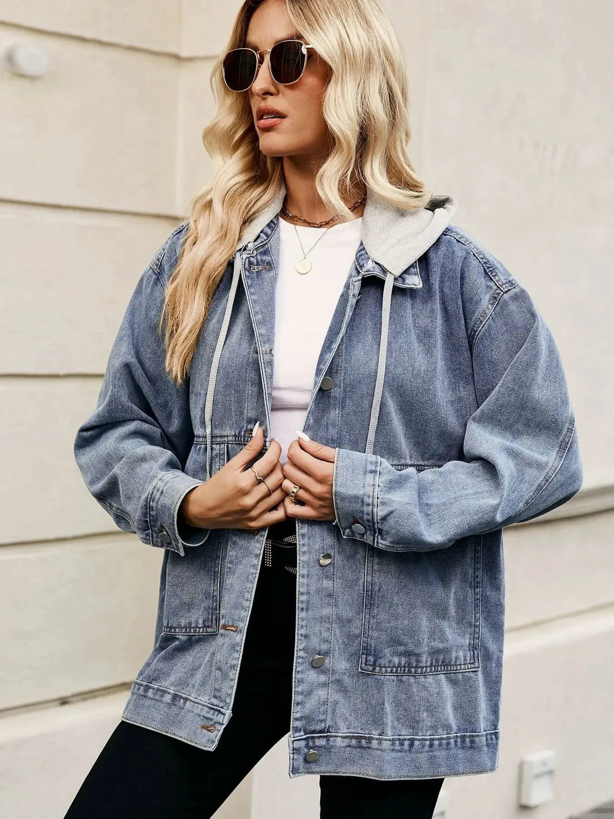 Oversized Button Up Denim Jacket with Hood by Partner Label
