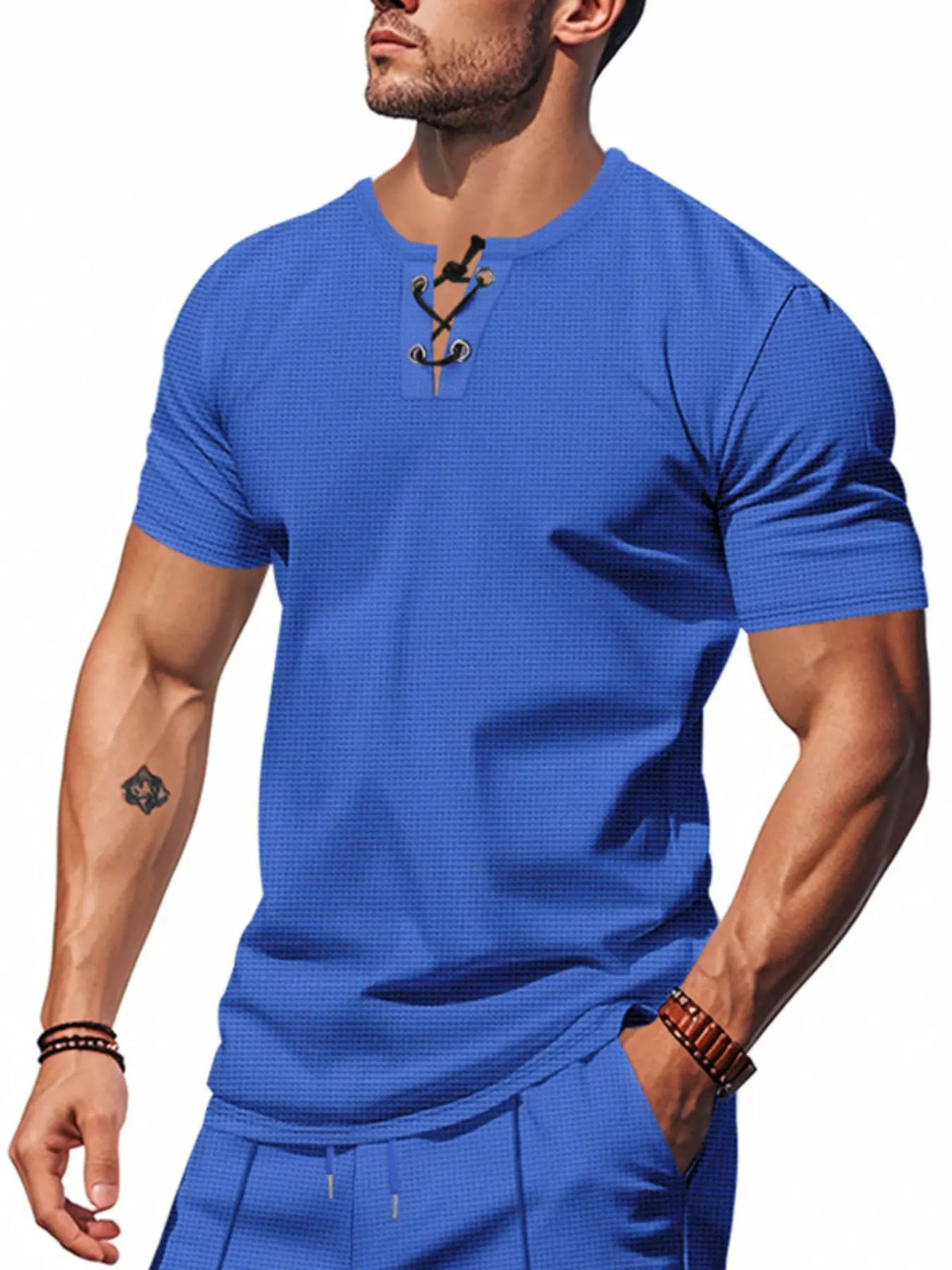 Men's Full Size Lace-Up Neck T-Shirt Plus Size by Trendsi