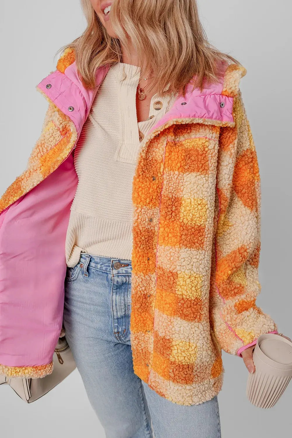Checkered Long Sleeve Sherpa Hooded Jacket by Partner Label