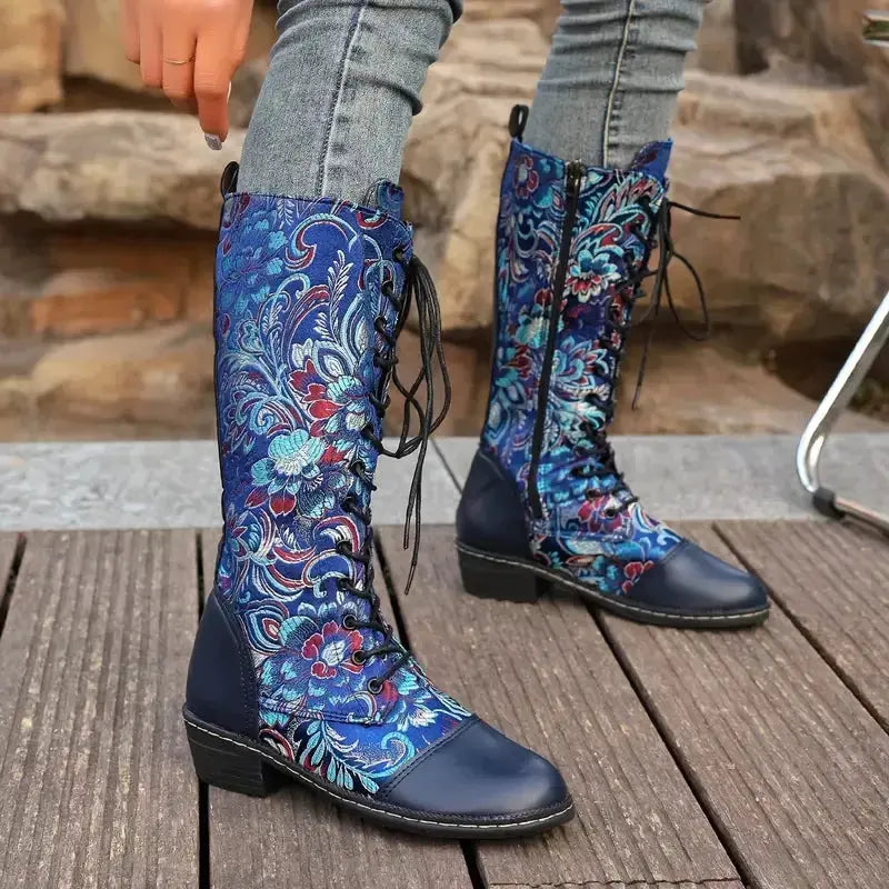 Embroidered Lace-Up Knee High Boots by Partner Label