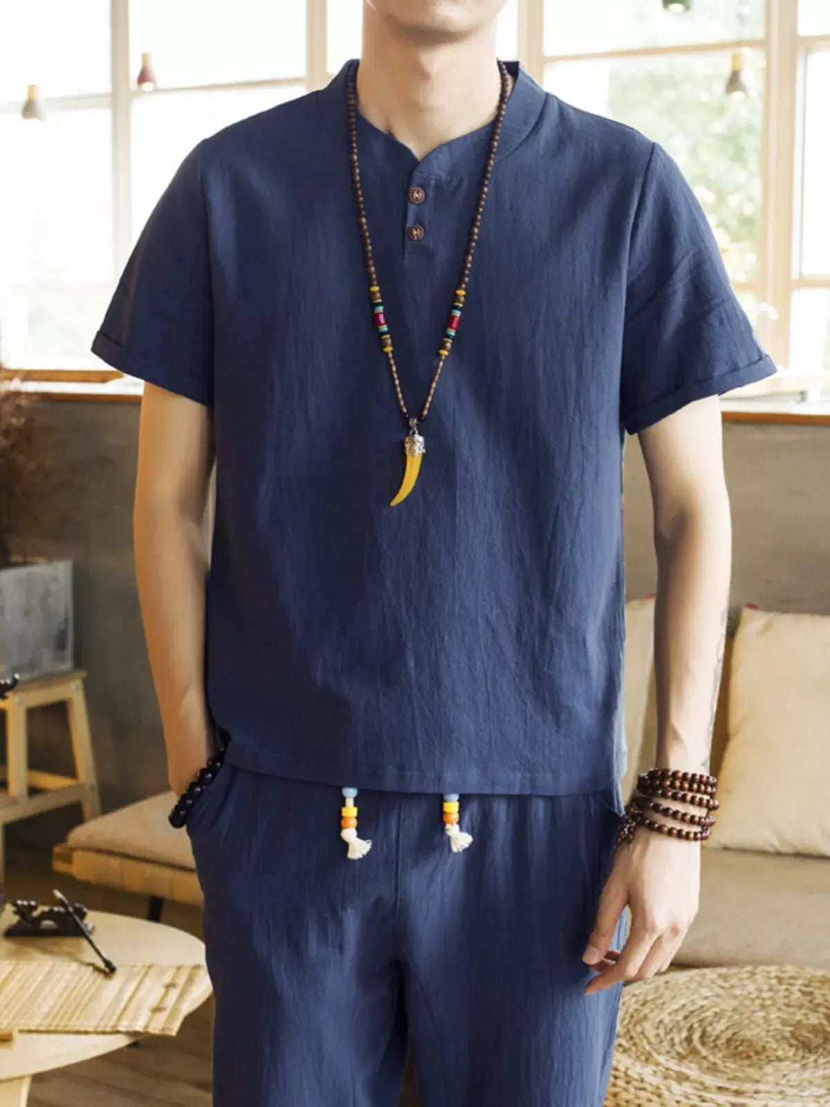 Men's Plus Size Button Detail Short Sleeve Top and Pants Set by Trendsi