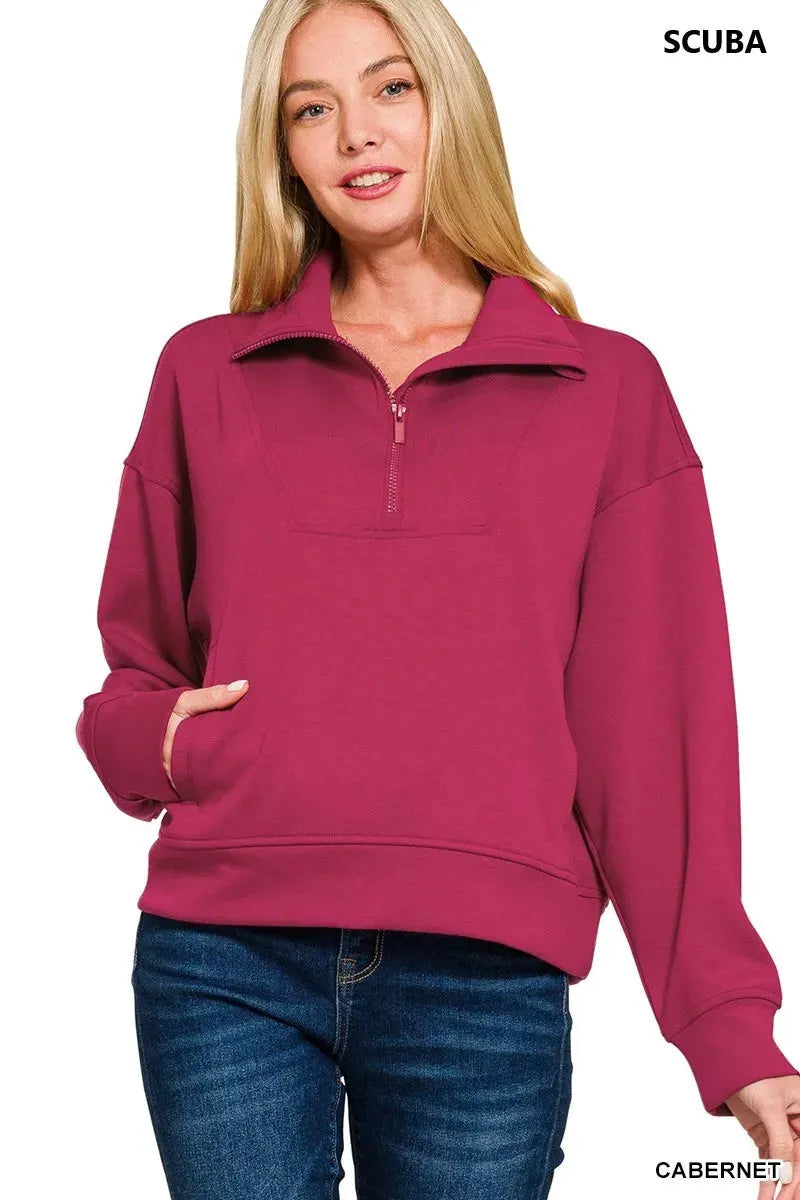 Zenana Scuba Half Zip Sweatshirt with Pockets by Zenana
