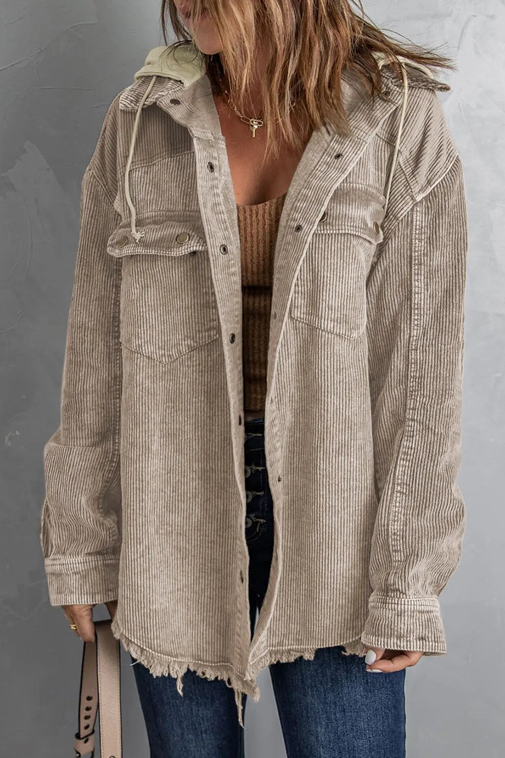 Snap Front Hooded Corduroy Shacket by Partner Label