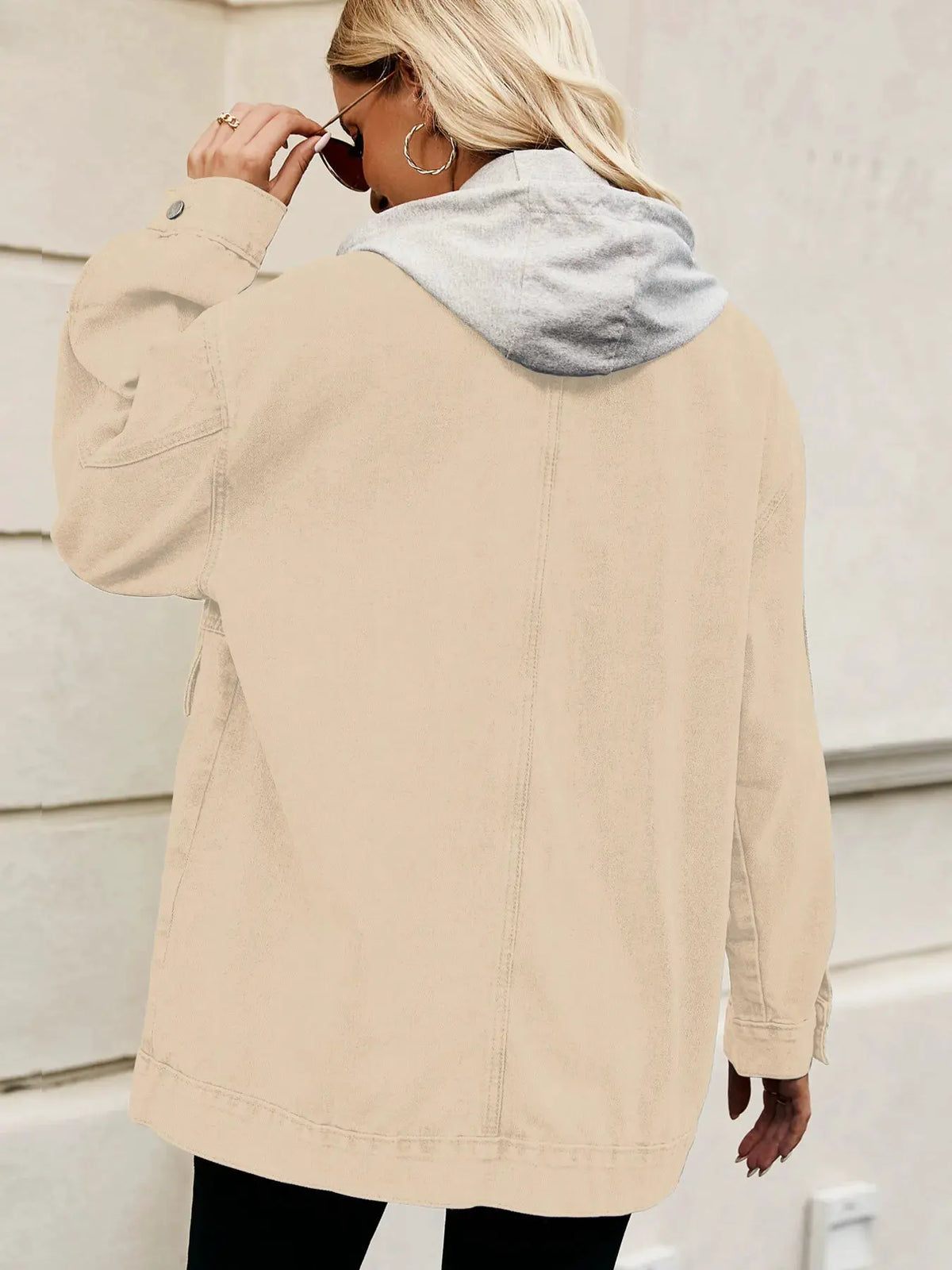 Oversized Button Up Denim Jacket with Hood by Partner Label