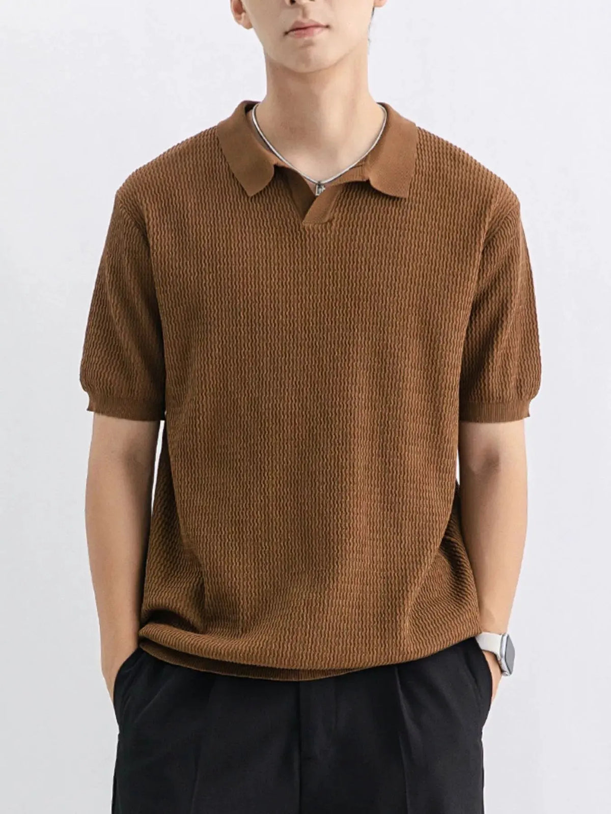 Men's Plus Size Textured Knit Short Sleeve Polo by Trendsi