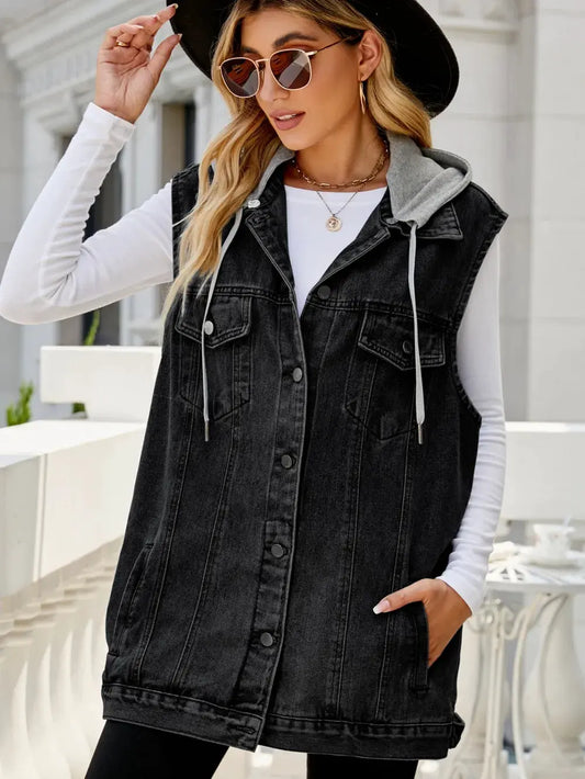 Drawstring Pocketed Button Up Sleeveless Denim Jacket by Partner Label