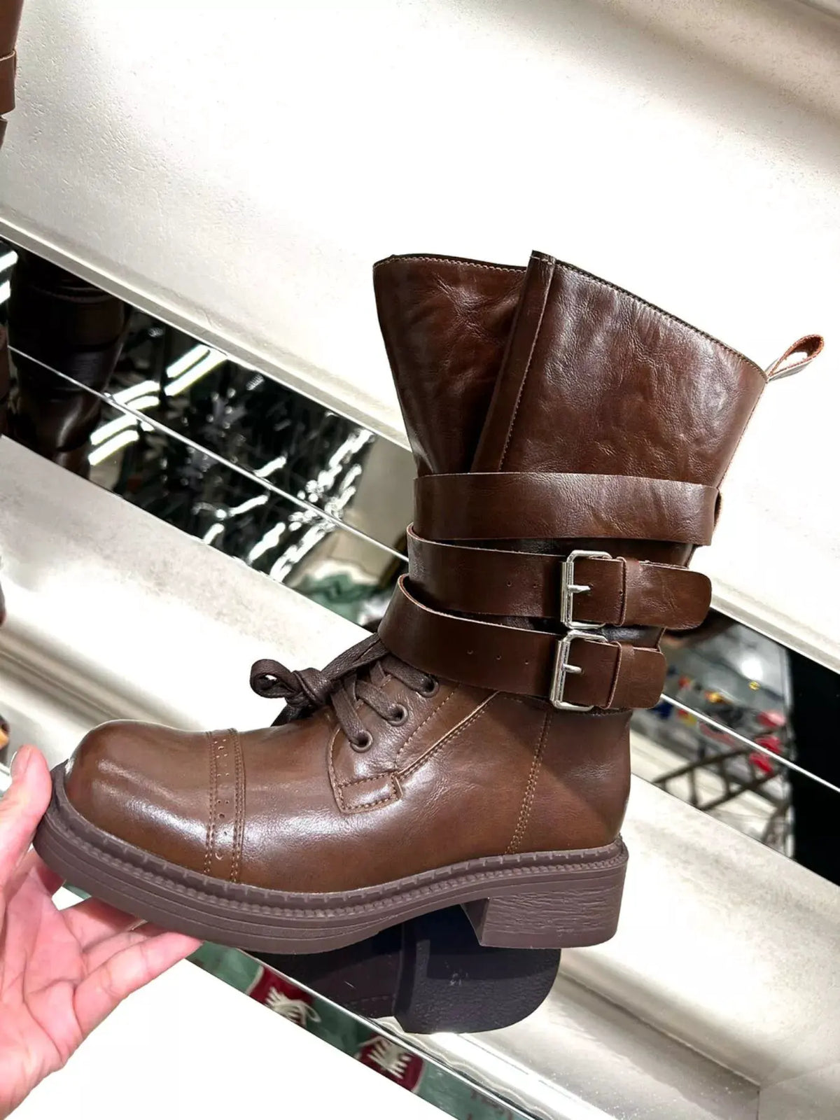 Buckled Leather Block Heel Boots by Partner Label