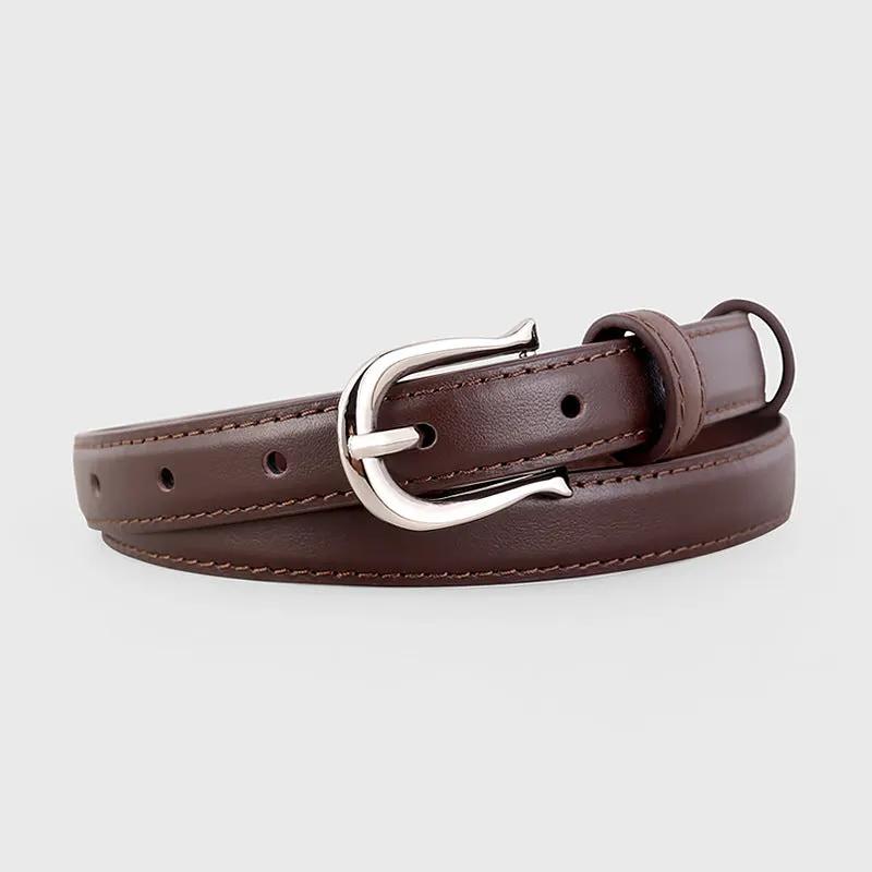 Leather Skinny Belt with Silver Buckle by Trendsi