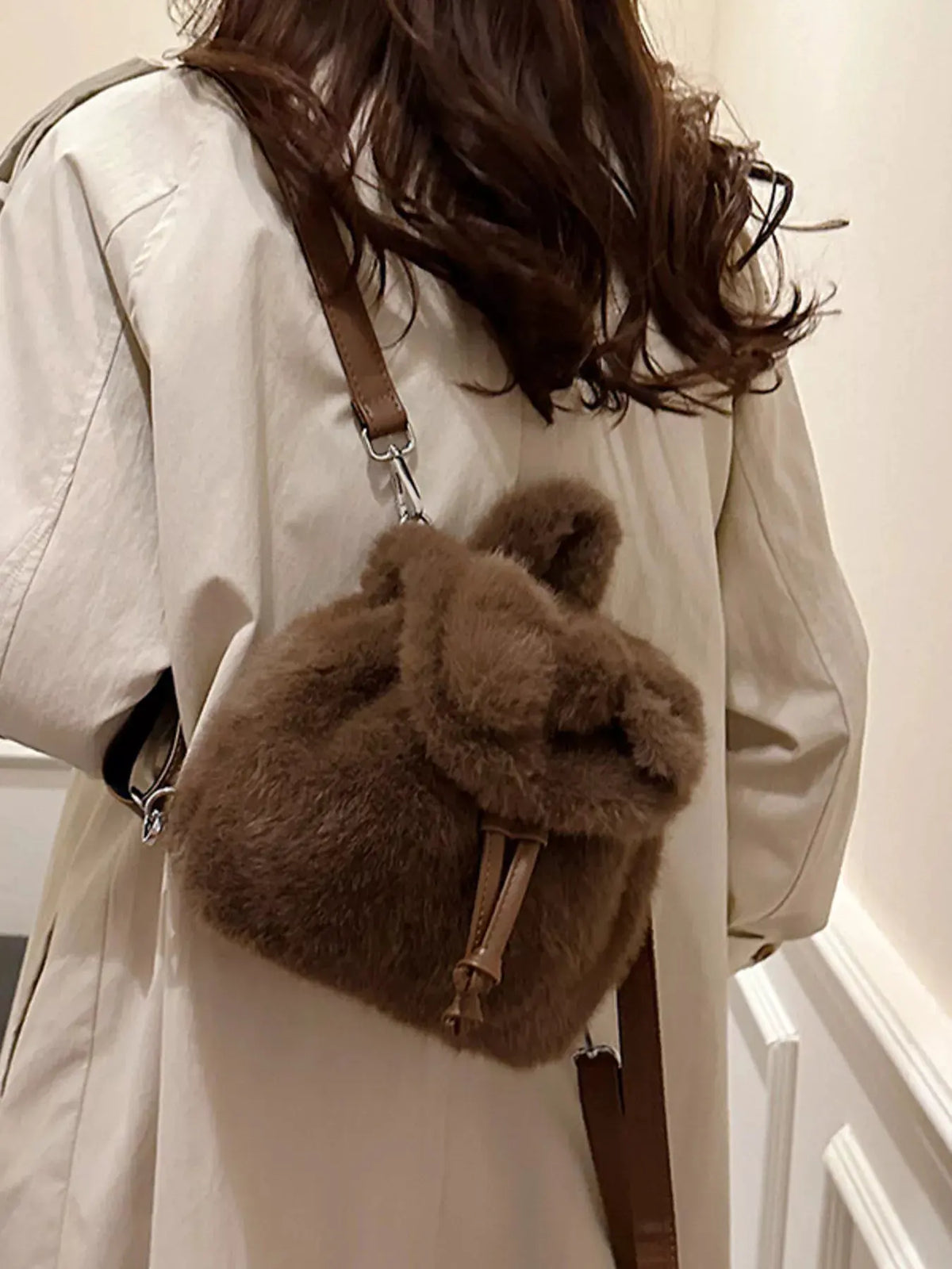 Fuzzy Plush Drawstring Backpack Bag by Partner Label