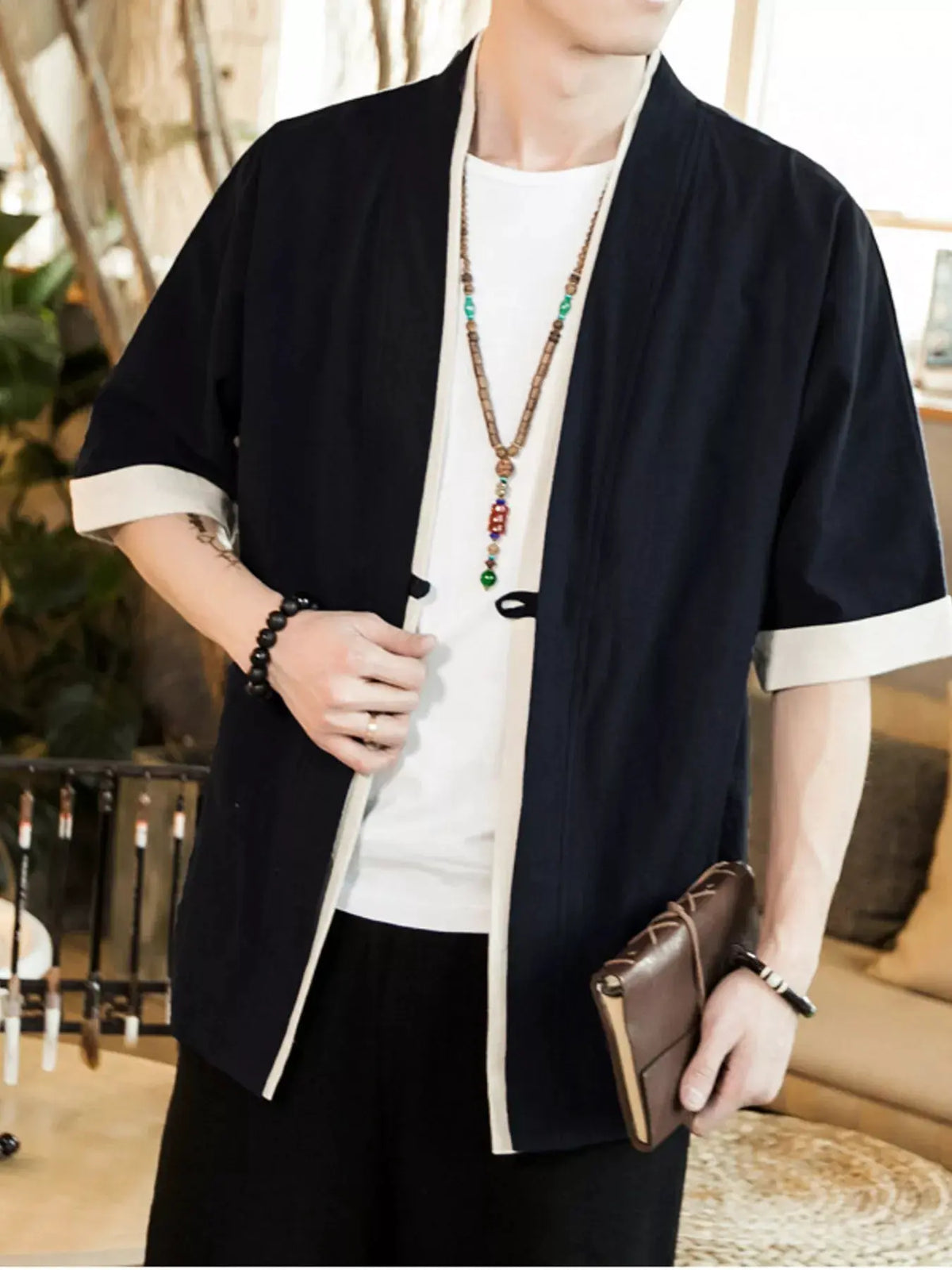 Men's Plus Size Contrast Trim Half Sleeve Shirt by Trendsi
